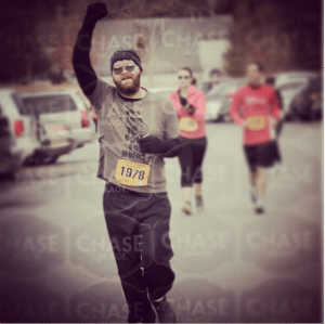 Crossing the finish at the Zen Evo Chocolate Lover's Valentine 5k on Valentine's Day, 2015