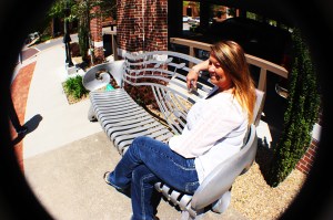 Mum chilling on a music bench