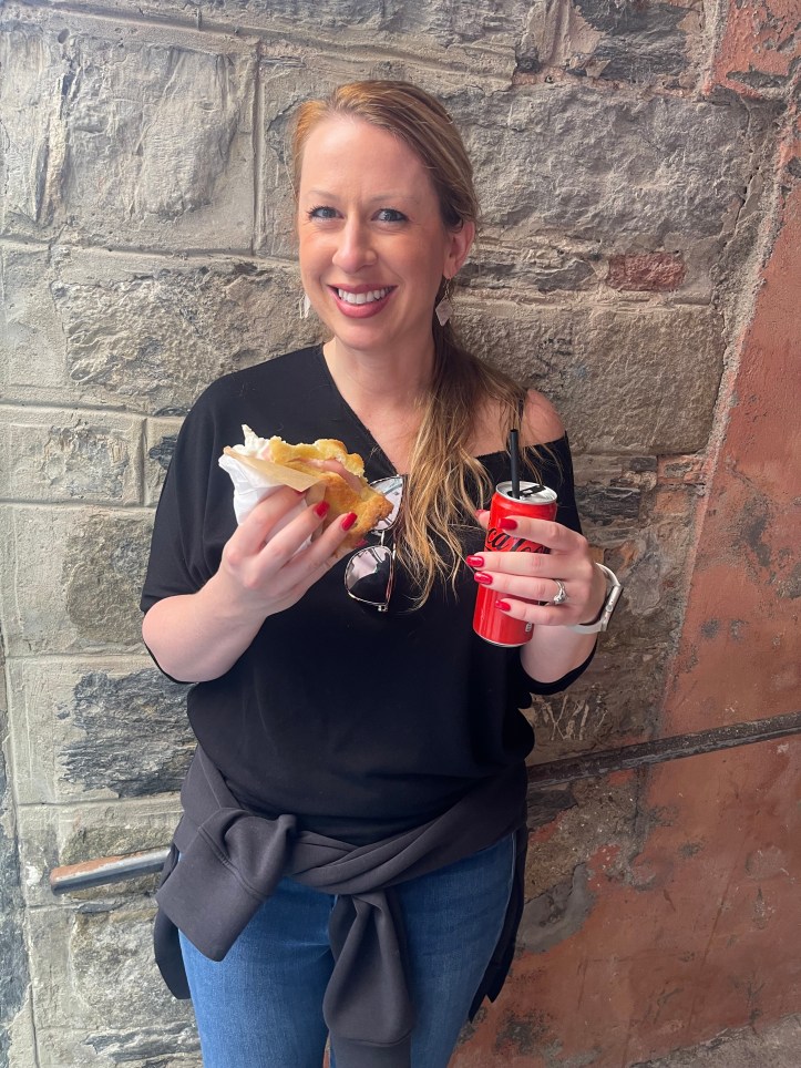 My beauty with her muse: a focaccia sandwich from Batti Batti' Foccacceria; Vernazza, Cinque Terre