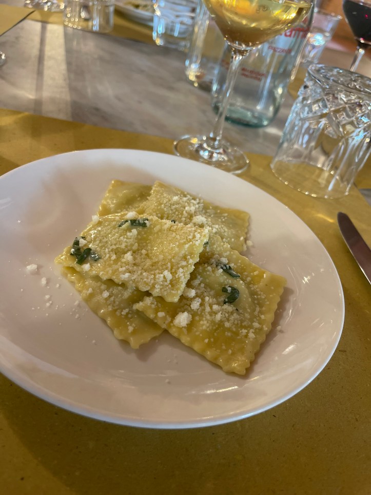 Our homemade ravioli cooked simply with butter and sage at Podera la Rocca Agriturismo in Montepulciano, Italy
