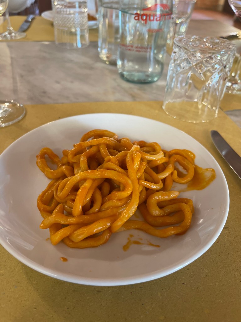 Our homemade Pici with a simple tomato sauce at Podera la Rocca Agriturismo in Montepulciano, Italy