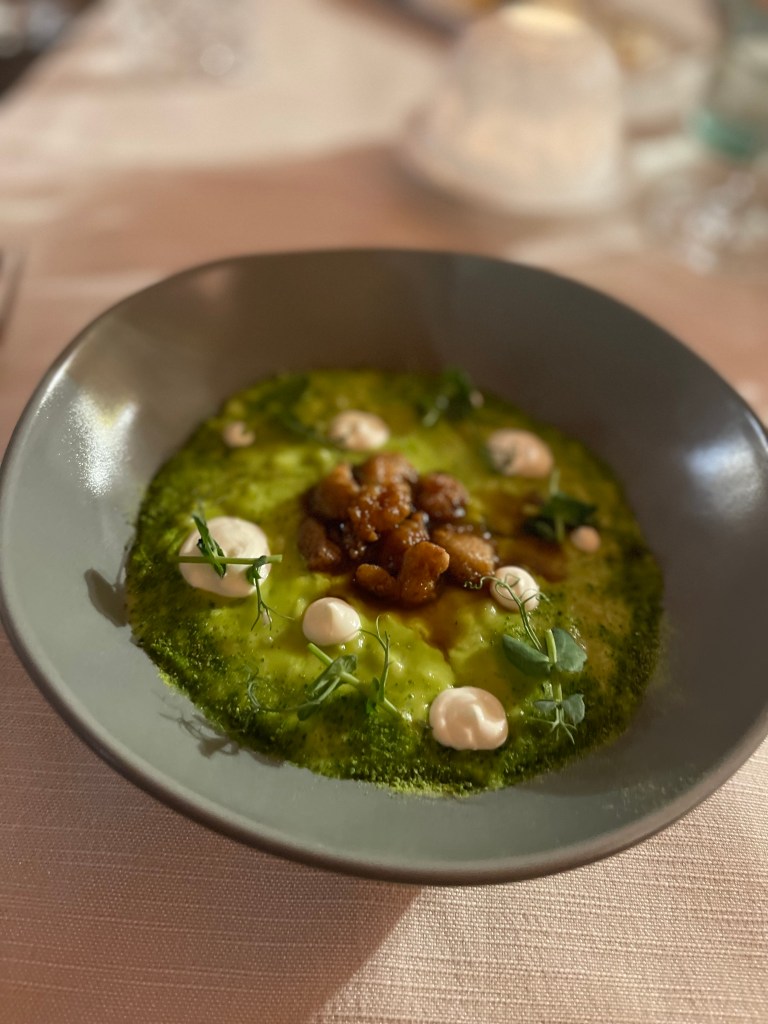 My Pea Risotto with Goat Cheese, Ginger and Sweetbreads at Podera la Rocca Agriturismo in Montepulciano, Italy