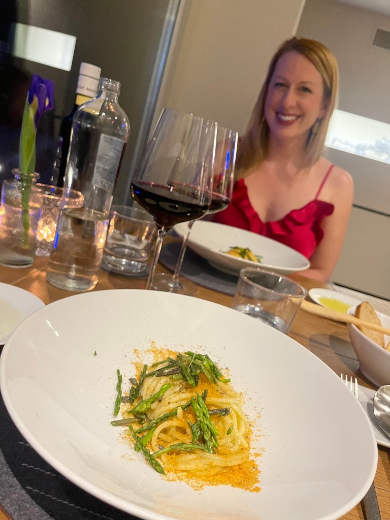 Course 4 - Spaghetti with Light Sauce and Baby Asparagus served with Lambrusco