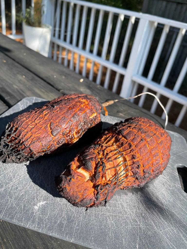 Smoked turkey breasts fresh off the smoker.