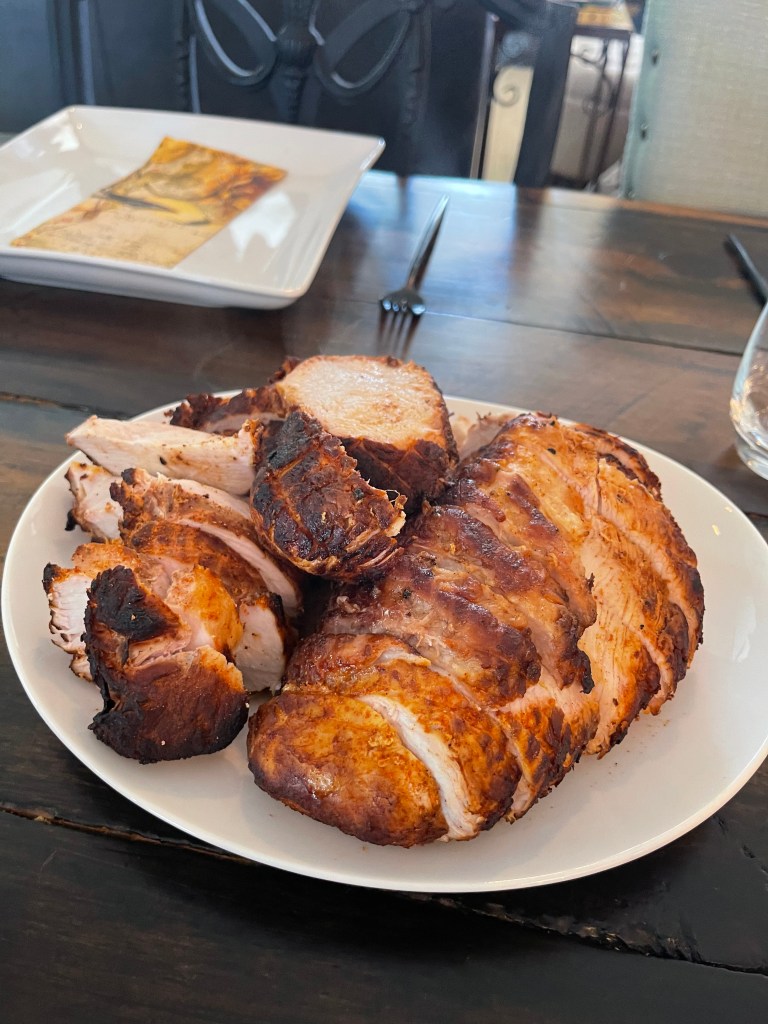 Sliced smoked turkey breasts.