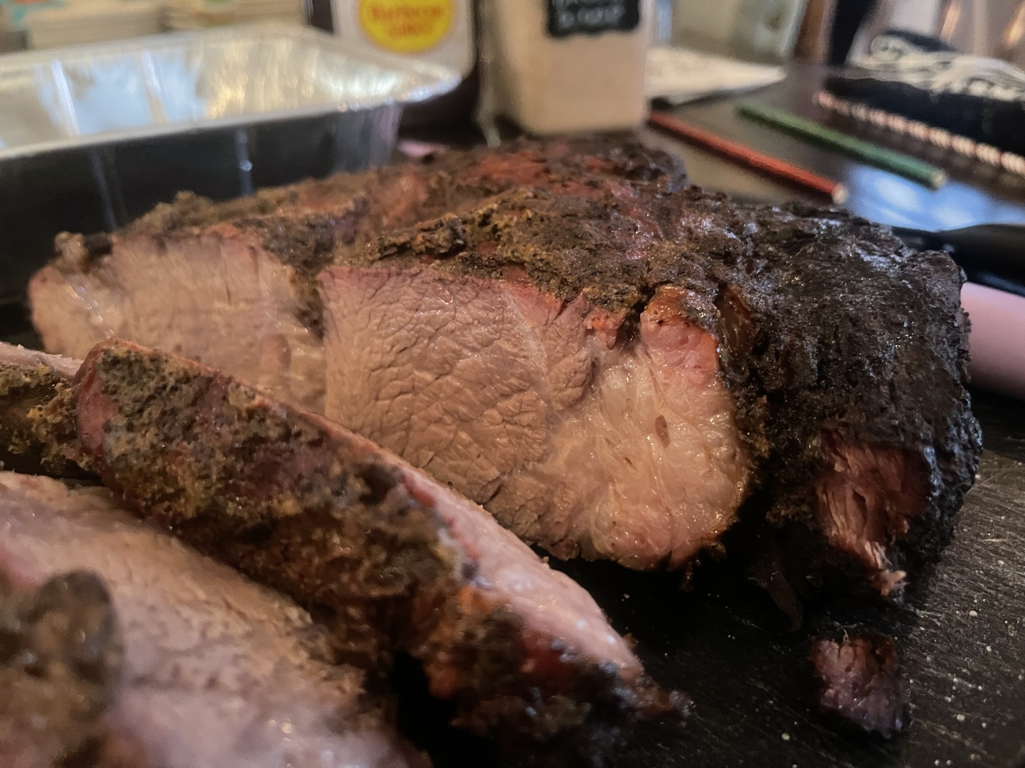 Slicing into that Chuck Roast after six hours of smoke.