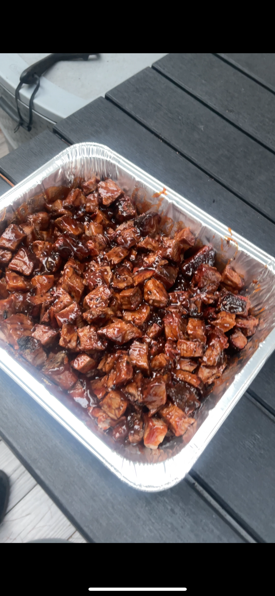 Cubed, sauced and ready to go back onto the smoker.