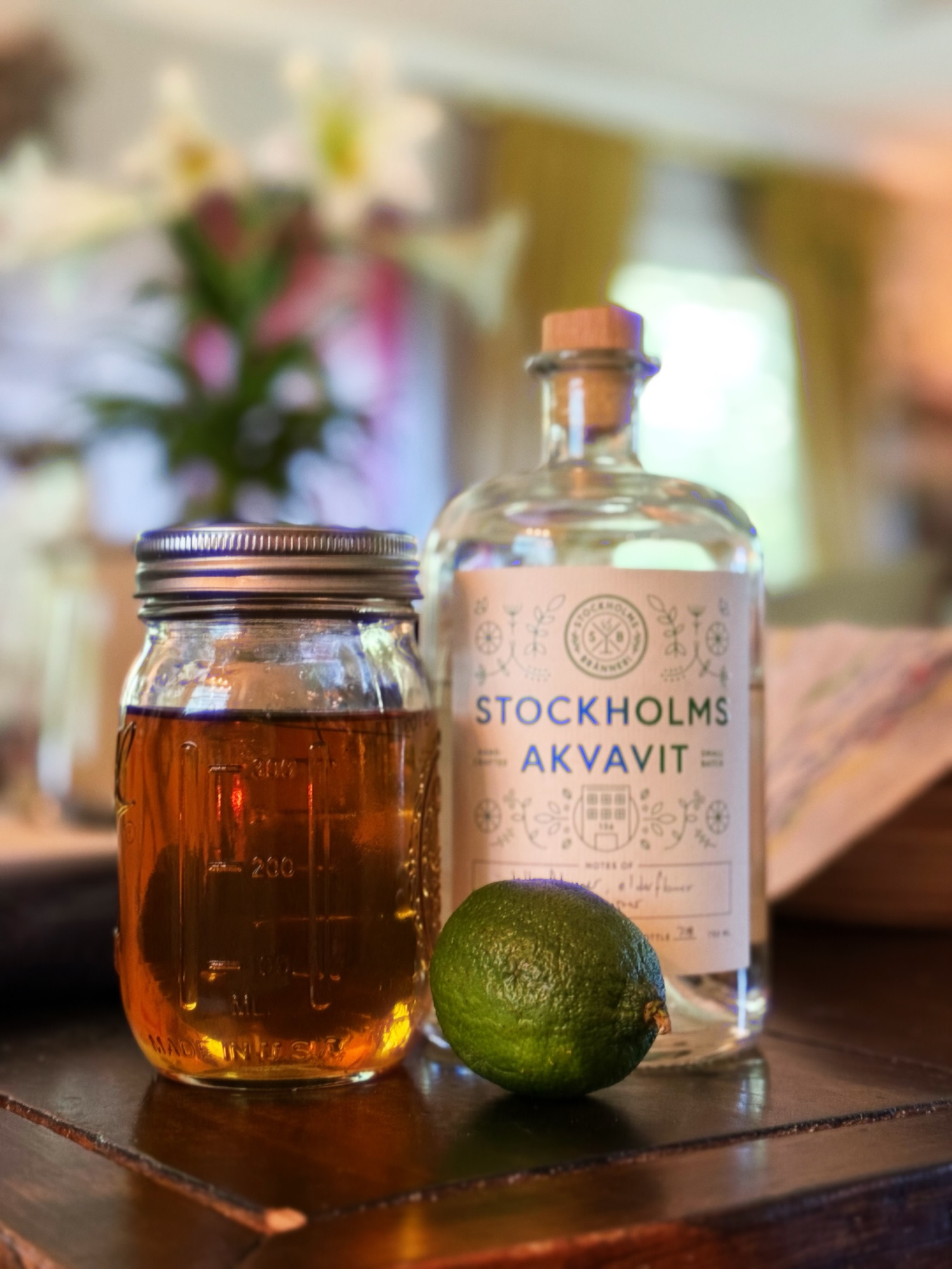 Homemade pine simple syrup, Swedish Akvavit and a fresh lime. Ingredients for the Viking Mule.